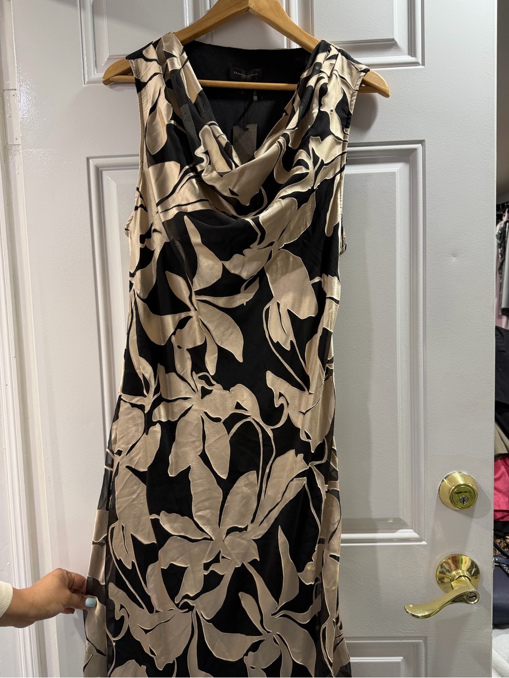 Donna Karan Black & Cream Floral Cowl Neck Midi Dress